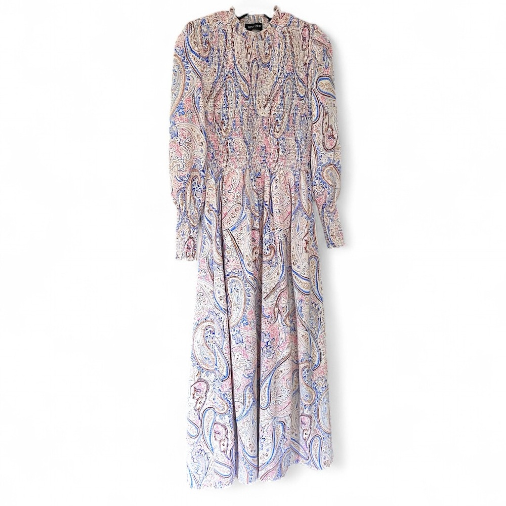 MISSORD Paisley Smocked Mock Neck Maxi Dress Victorian Romantic Poet Modest Sz S